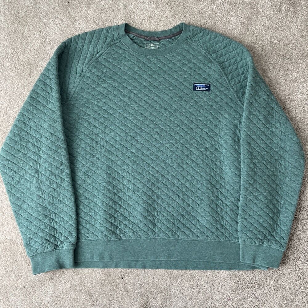 LL Bean Quilted Crewneck Sweatshirt Mens XL Green Diamond Casual Logo Comfort
